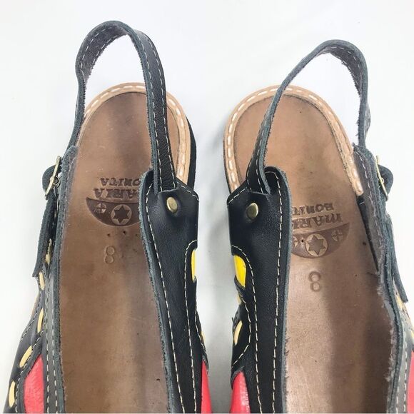 Maria Bonita Black Leather Colorful Stitch Inlay Slingback Open Toe Flat Sandals - Picture 11 of 16